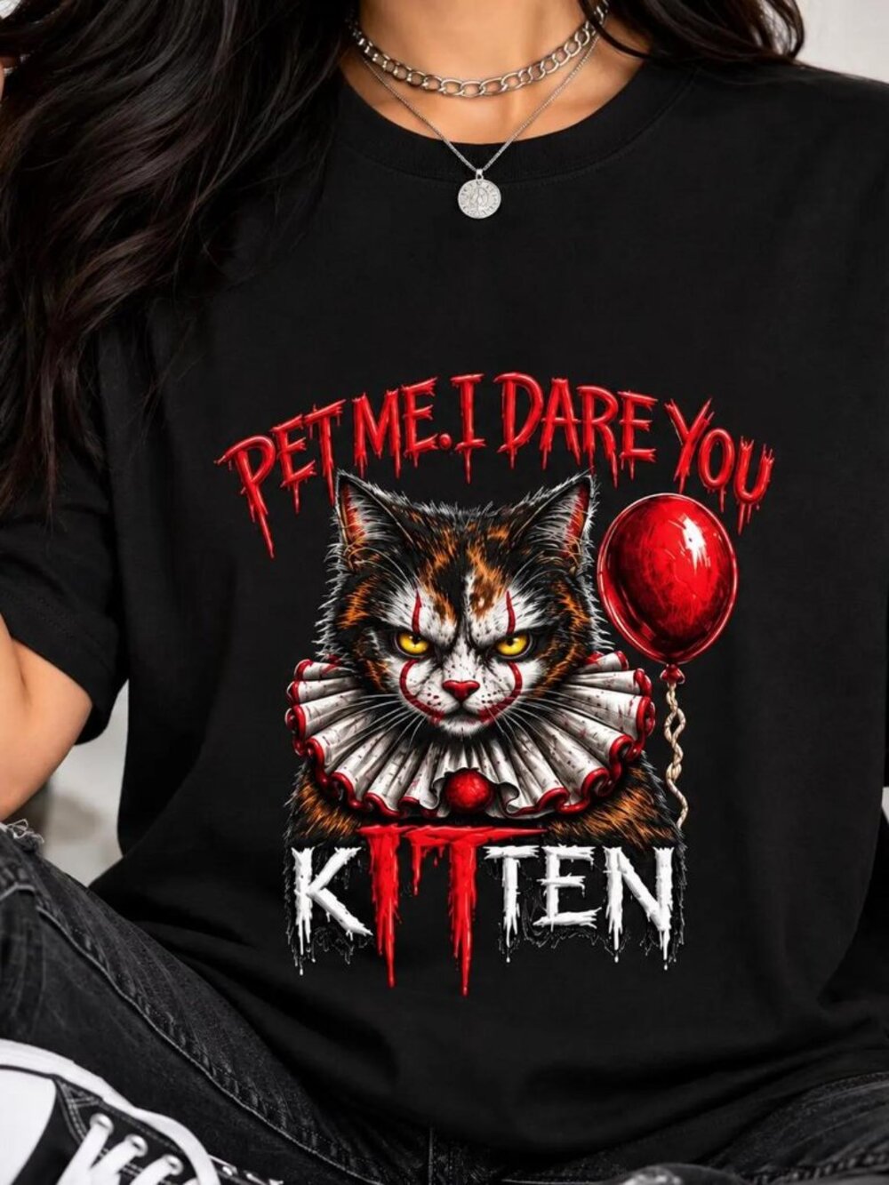 Creepy Clown Cat Halloween Shirt, Red Balloon Horror Cat Tee, Pet Me I Dare You